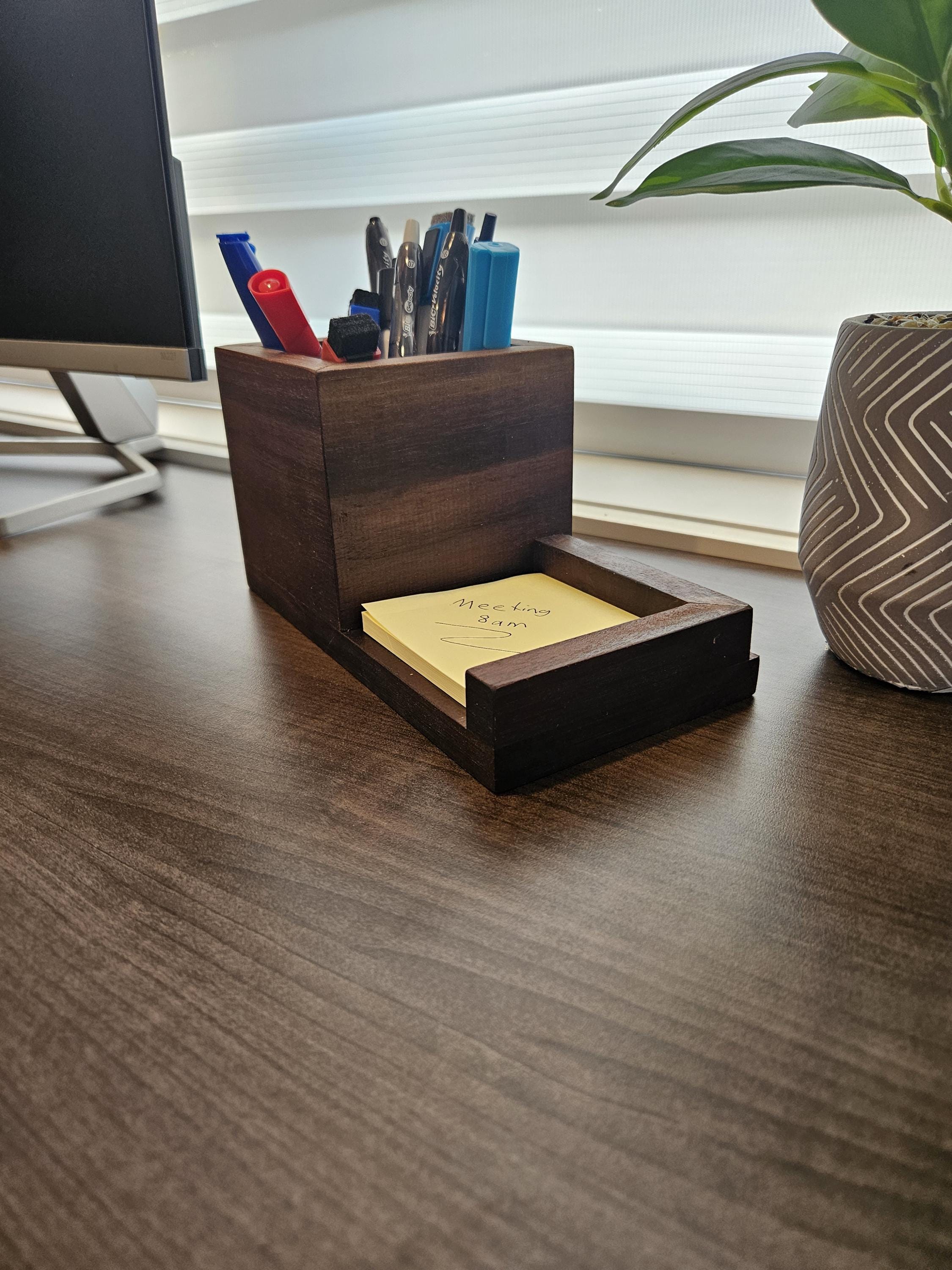 Desk Organizer For Desk Walnut Wood Pen Holder & Sticky Note Organizer