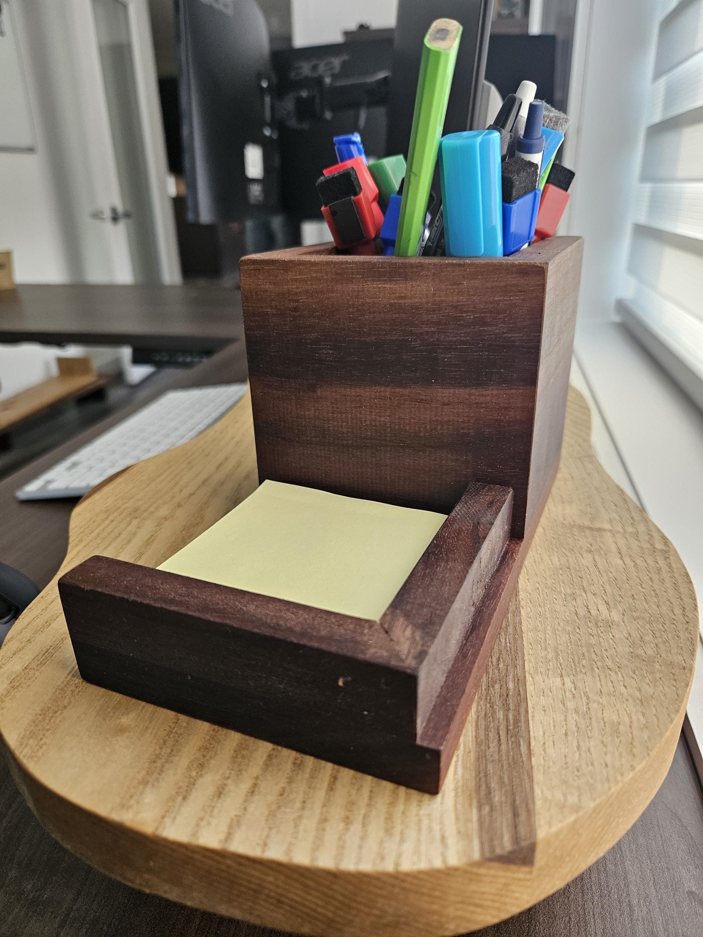 Desk Organizer For Desk Walnut Wood Pen Holder & Sticky Note Organizer